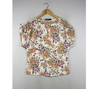 Cottagecore CURE. Women Size M White Floral Split Neck Short‎ Sleeve Knit Top